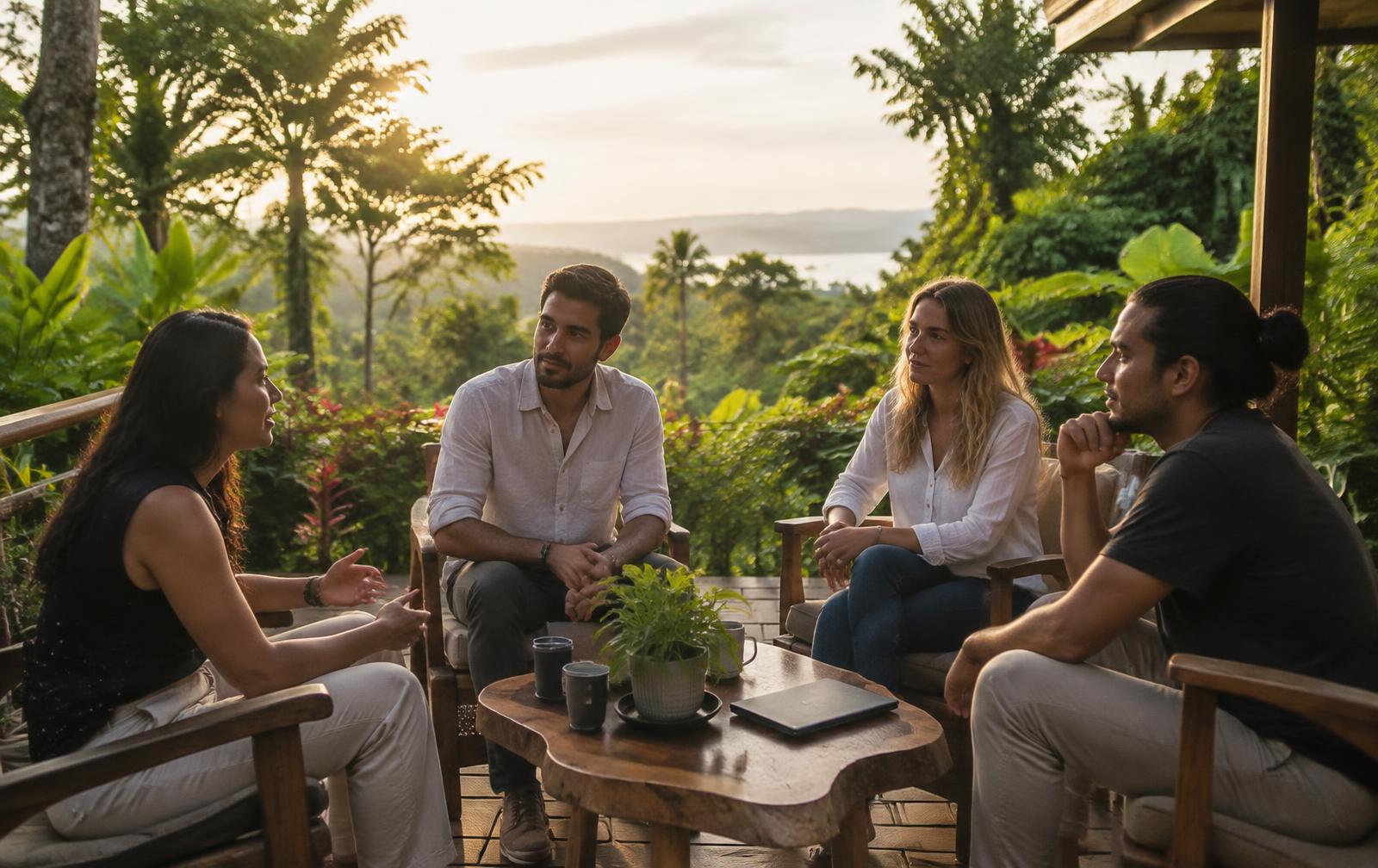Founders in conversation on a wooden deck surrounded by tropical forest in Costa Rica