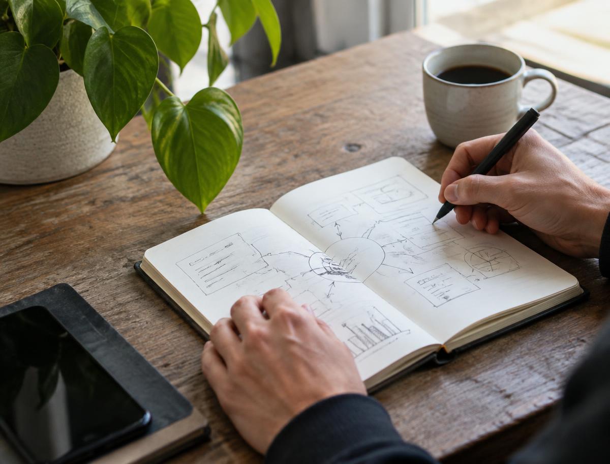 Hands sketching a business model in a notebook beside a plant