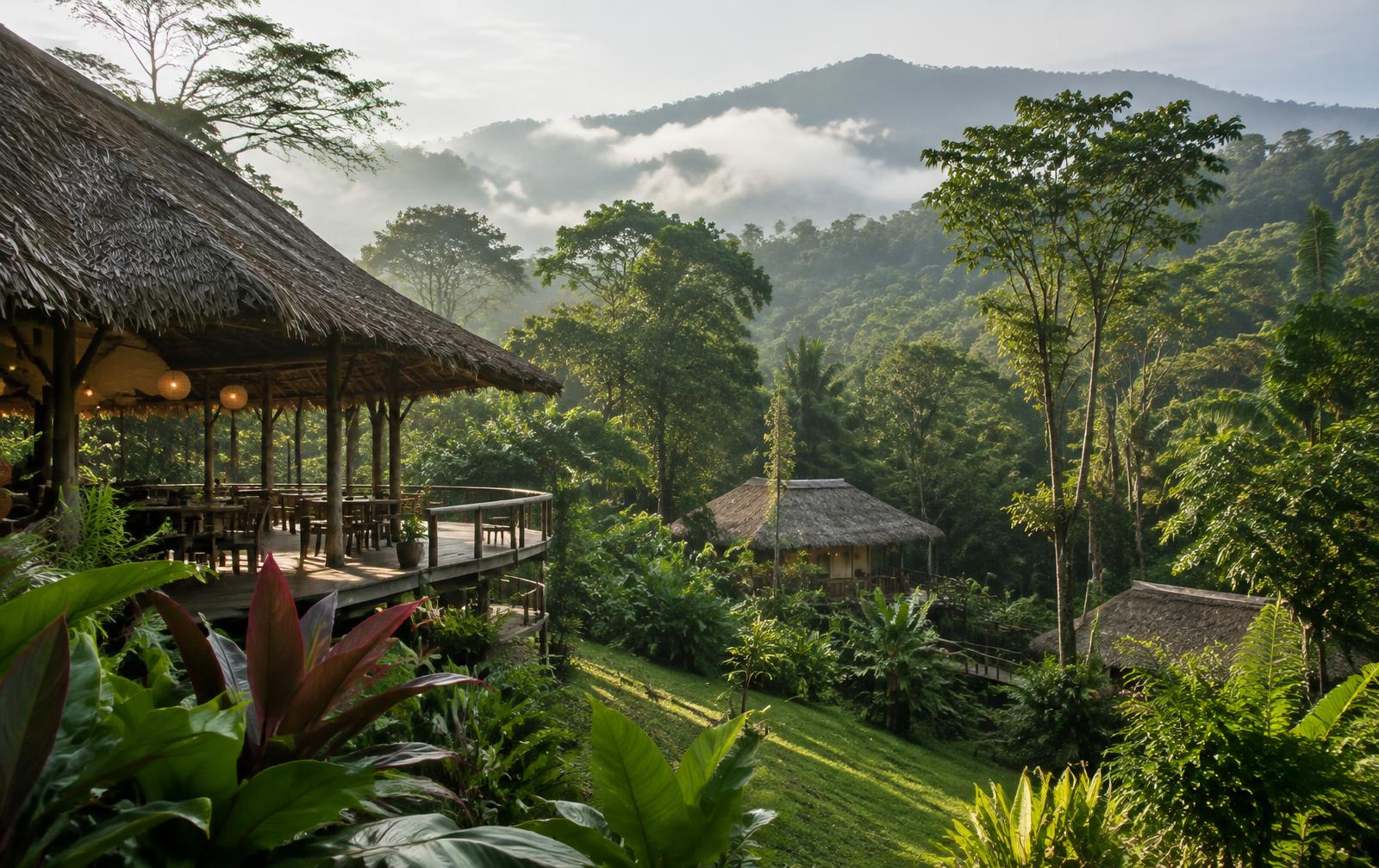 Open-air wooden buildings in an eco-village surrounded by misty Costa Rican forest