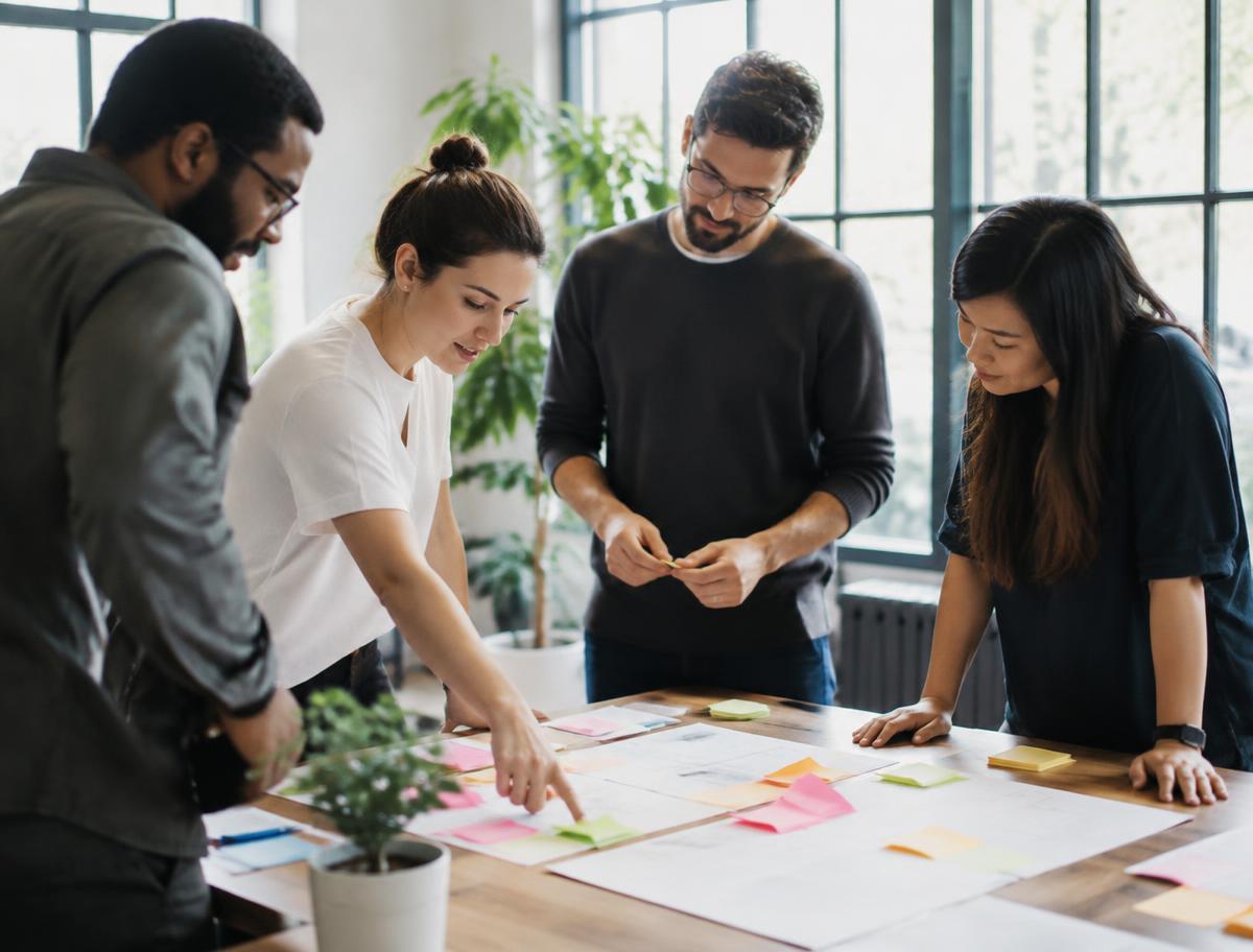 A workshop group mapping ideas with sticky notes around a table